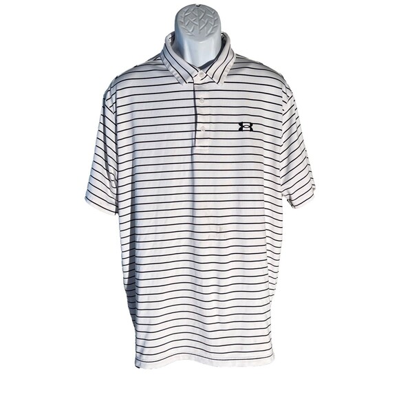 UNDER ARMOUR Men's Short Sleeve Button Down Striped Polo Shirt White XL SEE DES - Picture 1 of 6